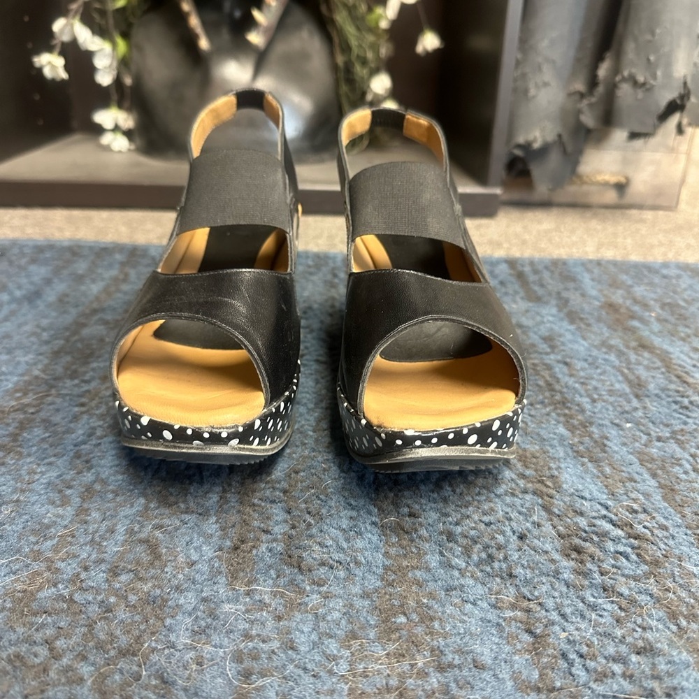 John Fluevog Black Peep-Toe Platform Sandals with Polka Dot Heels - Picture 6 of 6